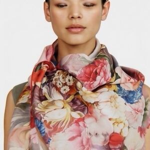 Luxury 100 Percent Silk Scarf Pink Floral Peony Print Long Shawl Wrap 68x20 New